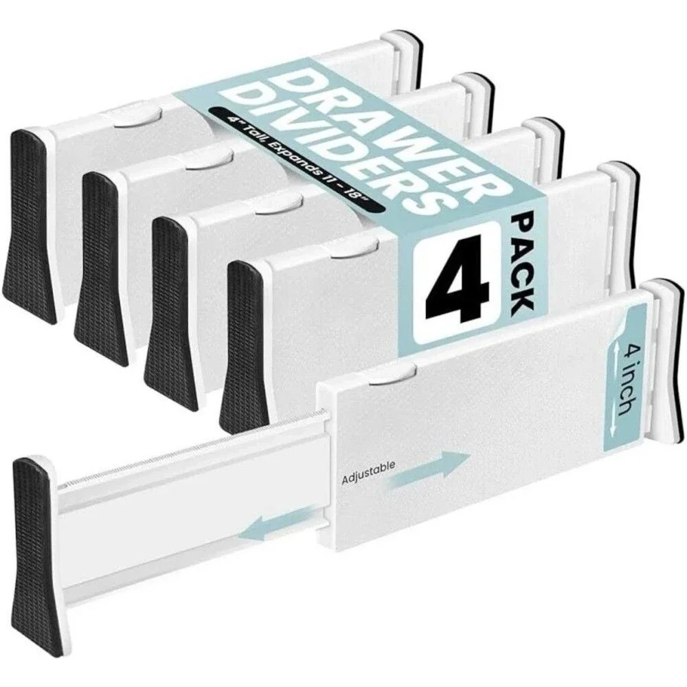 Set of 4 Adjustable Drawer Dividers 4” High, 11-17” Long, Dresser Drawer Divider
